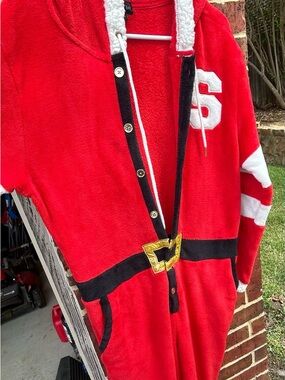 Mens Red Holiday Santa and Elf Inspired Hooded onsie